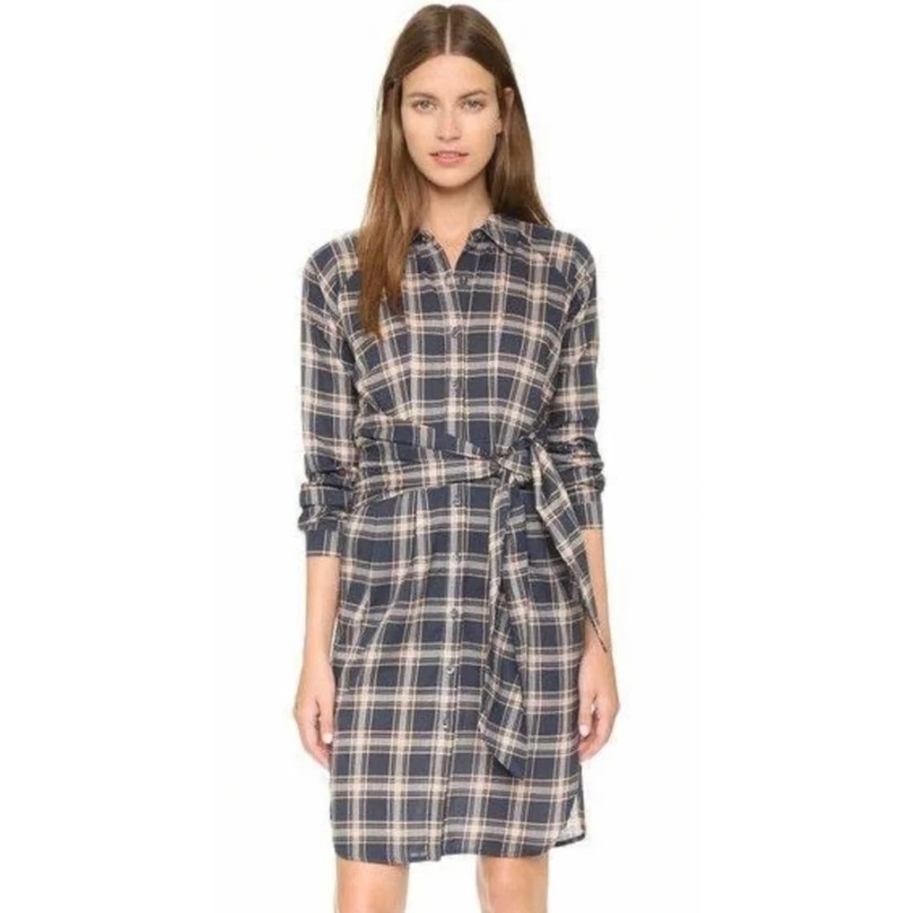 J.O.A. Shirt Dress Womens Large Blue Tan Plaid Tie Waist Long Sleeve BC3873
